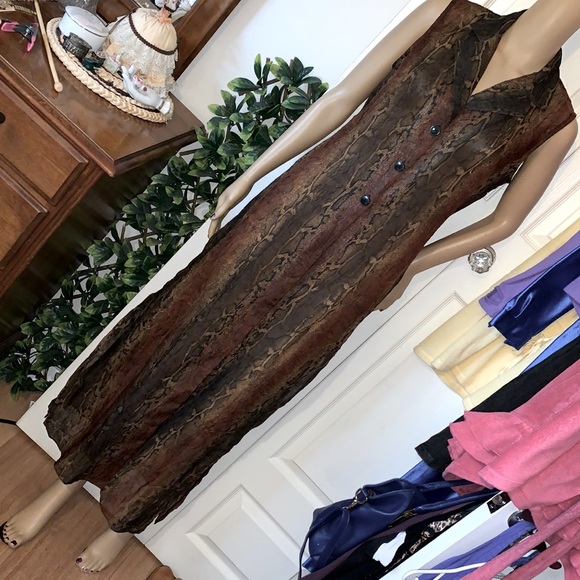 Vintage 80s Reptile snake print sheer chiffon sleeveless maxi VEST Shirt top S M - Picture 3 of 13